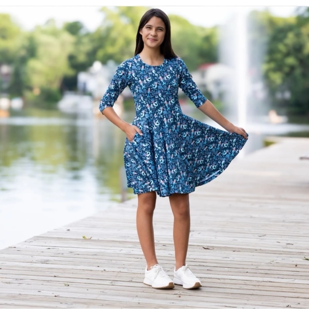 Svaha Organic Cotton Mermaid Twirl Dress Girls 9/10 Blue 3/4 Sleeve NWOT